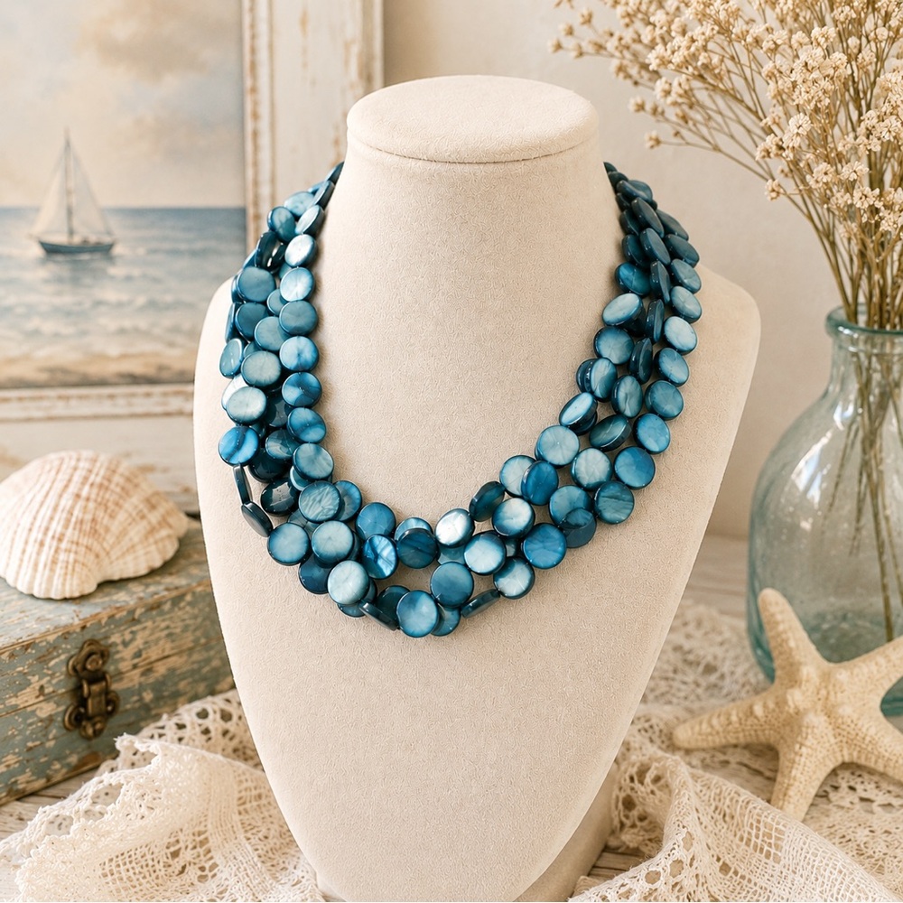 Vintage Blue Shell Disc Multi Strand Necklace | Layered Statement Necklace